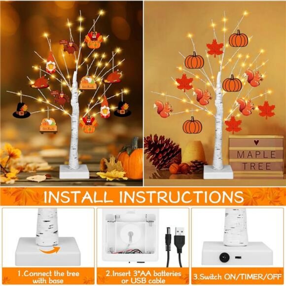 [Timer] Thanksgiving Birch Tree Lights, 24" Lighted Birch Tree with 24 PCS Fall - Picture 6 of 7